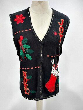 VTG 90s Ugly Christmas Sweater Vest Women L Festive Winter Holiday Bobbie Brooks